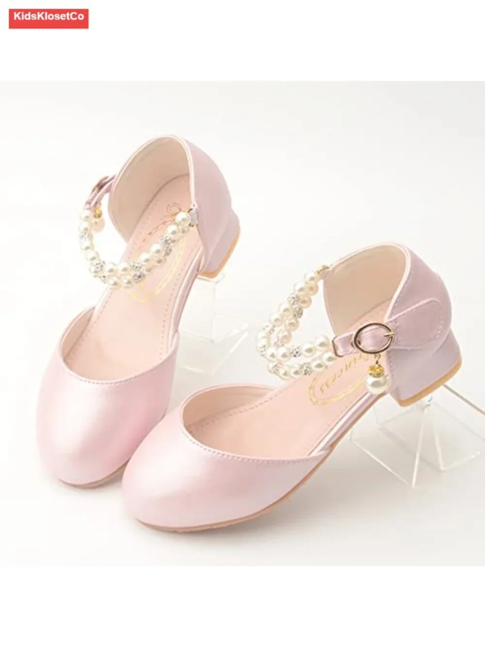 Toddler Mary Jane Dress Shoes Low Heel Princess Pumps with Pearl Strap